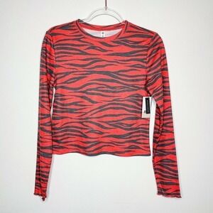 BP. Top Women Medium Red Gray Zebra Print Crop Thermal Long Sleeve NWT